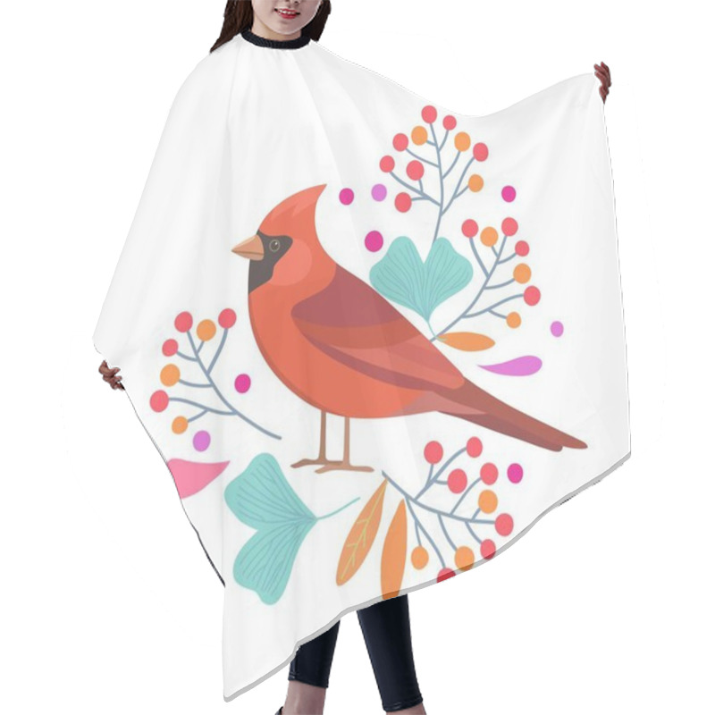 Personality  Original Art With Cute Red Cardinal Bird And Berries With Ginkgo Leaves. Vector Illustration. Hair Cutting Cape