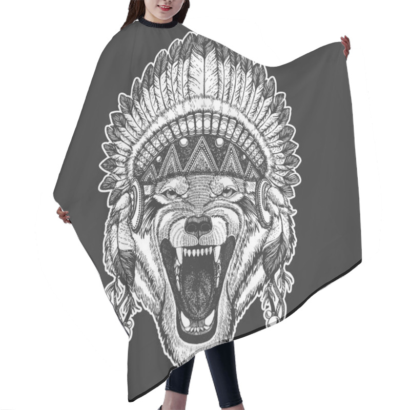 Personality  Wolf Dog Wild Animal Cool Animal Wearing Native American Indian Headdress With Feathers Boho Chic Style Hand Drawn Image For Tattoo, Emblem, Badge, Logo, Patch Hair Cutting Cape