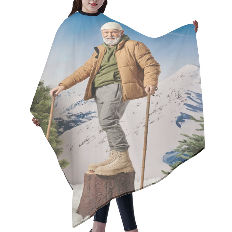 Personality  Athletic Man Standing On Tree Stump And Holding Ski Poles Smiling At Camera, Winter Concept Hair Cutting Cape