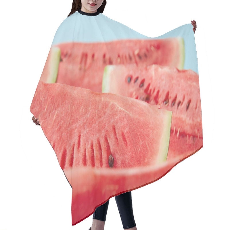 Personality  Close Up View Of Arranged Watermelon Slices On White Surface On Blue Backdrop Hair Cutting Cape