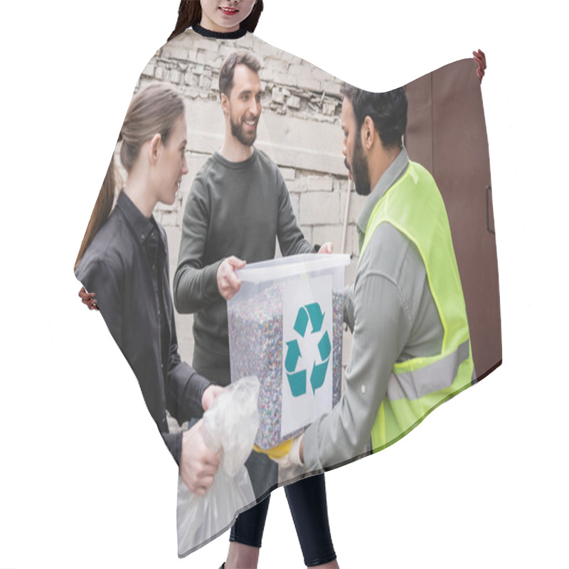 Personality  Smiling Volunteers Giving Trash To Indian Worker In High Visibility Vest In Outdoor Waste Disposal Station, Garbage Sorting And Recycling Concept Hair Cutting Cape