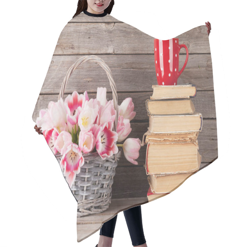 Personality  Pink Tulips Bouquet Basket, Old Books And Coffee Cup In Front Of Wooden Wall. Easter Greeting Card Hair Cutting Cape