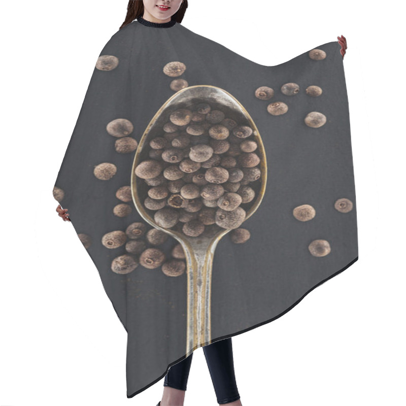 Personality  Top View Of Black Pepper In Silver Spoon On Black Background Hair Cutting Cape