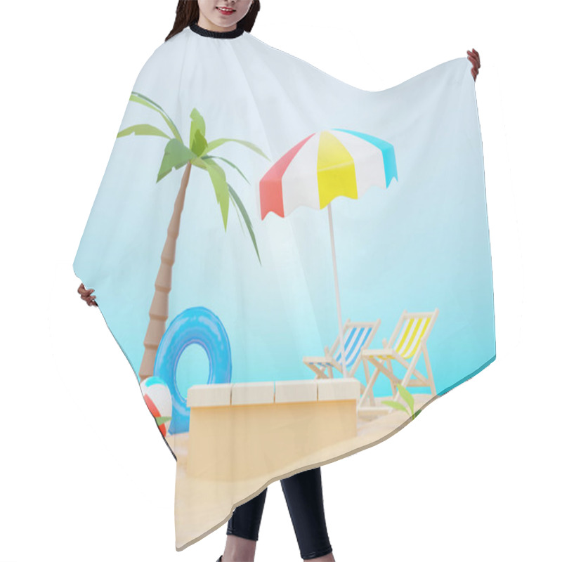 Personality  3d Render Summer Sale Podium Stand For Showing Product. Beach Vacations Scene In Summer For Mock Up. Hair Cutting Cape