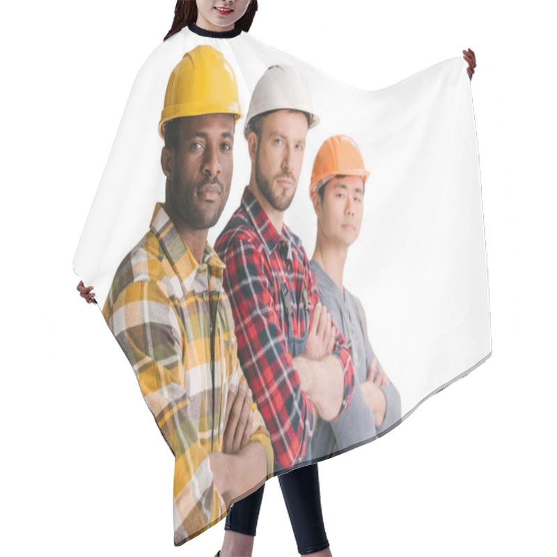 Personality  Group Of Multiethnic Construction Workers Hair Cutting Cape