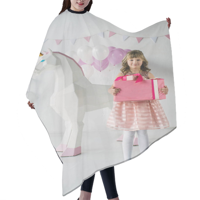 Personality  Cute Birthday Child Holding Gift Box Near Decorative Unicorn  Hair Cutting Cape