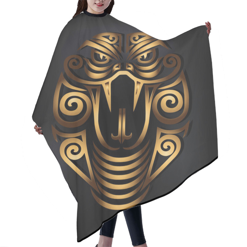 Personality  Golden Snake Head Isolated On Black Background. Stylized Maori Face Tattoo. Golden Cobra Mask. Symbol Of Chinese Horoscope By Years. Vector Illustration. Hair Cutting Cape