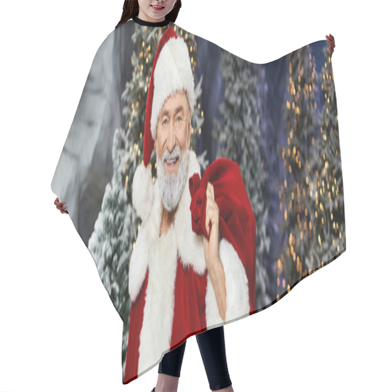 Personality  A Cheerful Santa Claus With A Jolly Smile Holds A Red Bag In A Snowy Holiday Setting. Hair Cutting Cape