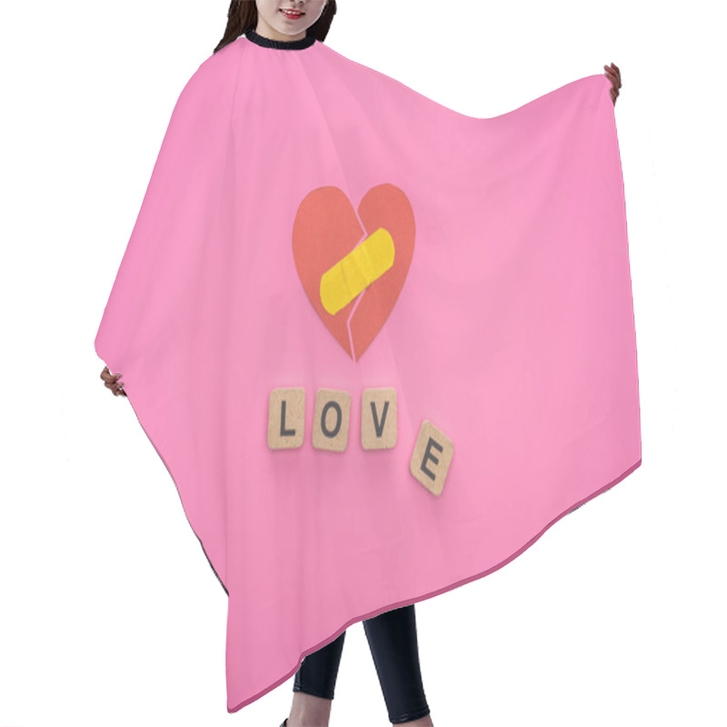 Personality  Top View Of Love Lettering On Wooden Cubes Near Broken Heart With Patch On Pink Background Hair Cutting Cape