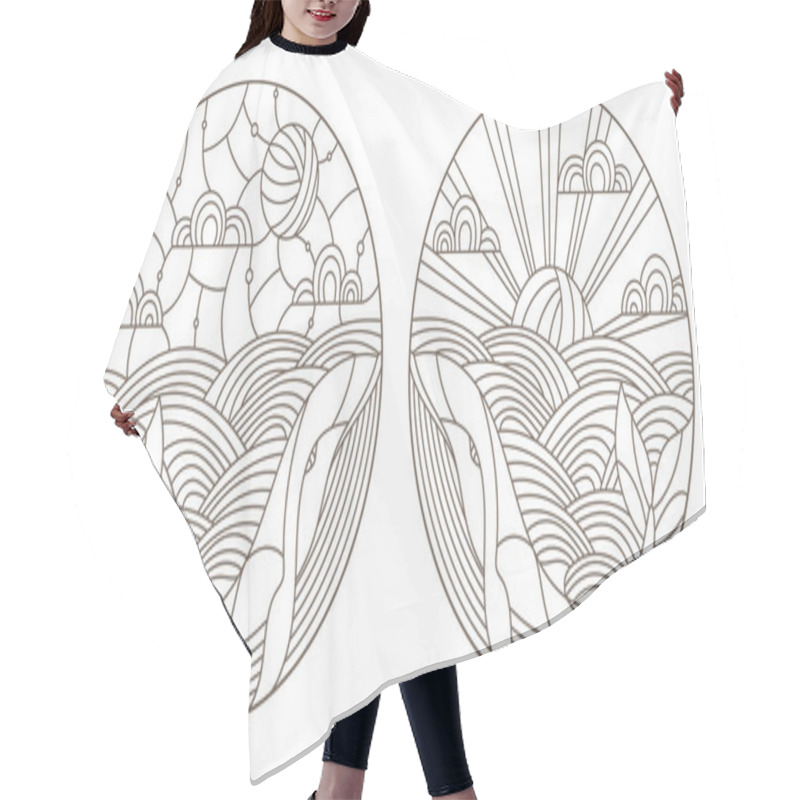 Personality  Set Contour Illustrations With Whales On The Waves And The Sky , The Dark Outline On A White Background Hair Cutting Cape