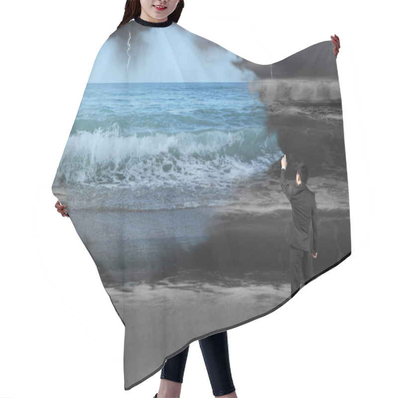 Personality  Businessman Spraying Calm Sea Paint Covered Dark Stormy Ocean Hair Cutting Cape