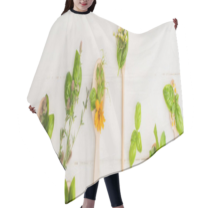 Personality  Panoramic Shot Of Herbs And Green Leaves In Spoons Near Flowers On White Wooden Background, Naturopathy Concept Hair Cutting Cape