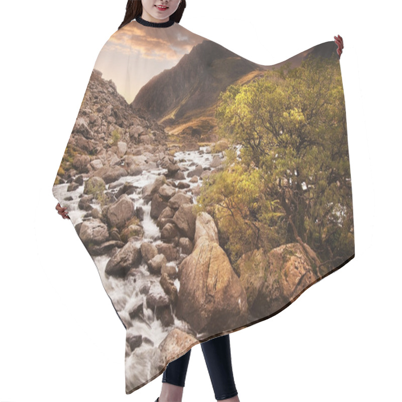 Personality  Waterfall In Mountains With Moody Dramatic Mountain Sunset Lands Hair Cutting Cape