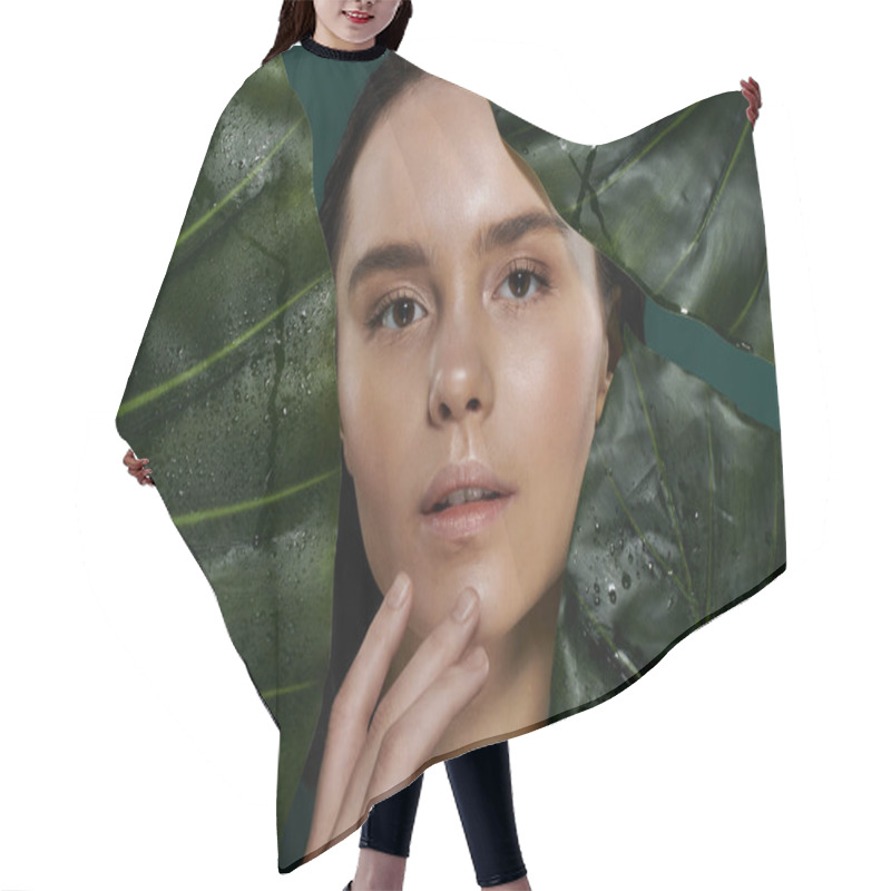 Personality  A Womans Face Is Framed By Large, Dewy Green Leaves. Hair Cutting Cape