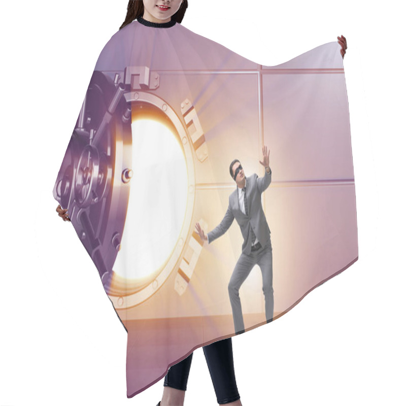 Personality  Businessman In Front Of Banking Vault Door Hair Cutting Cape