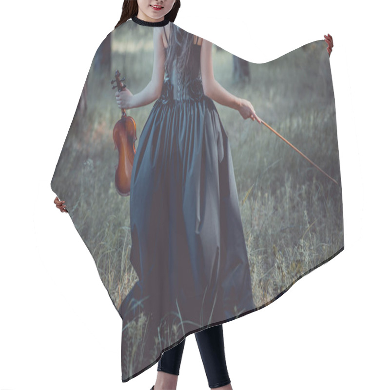 Personality  Back View Of Woman In Witch Costume Walking On Forest, Holding Violin Hair Cutting Cape