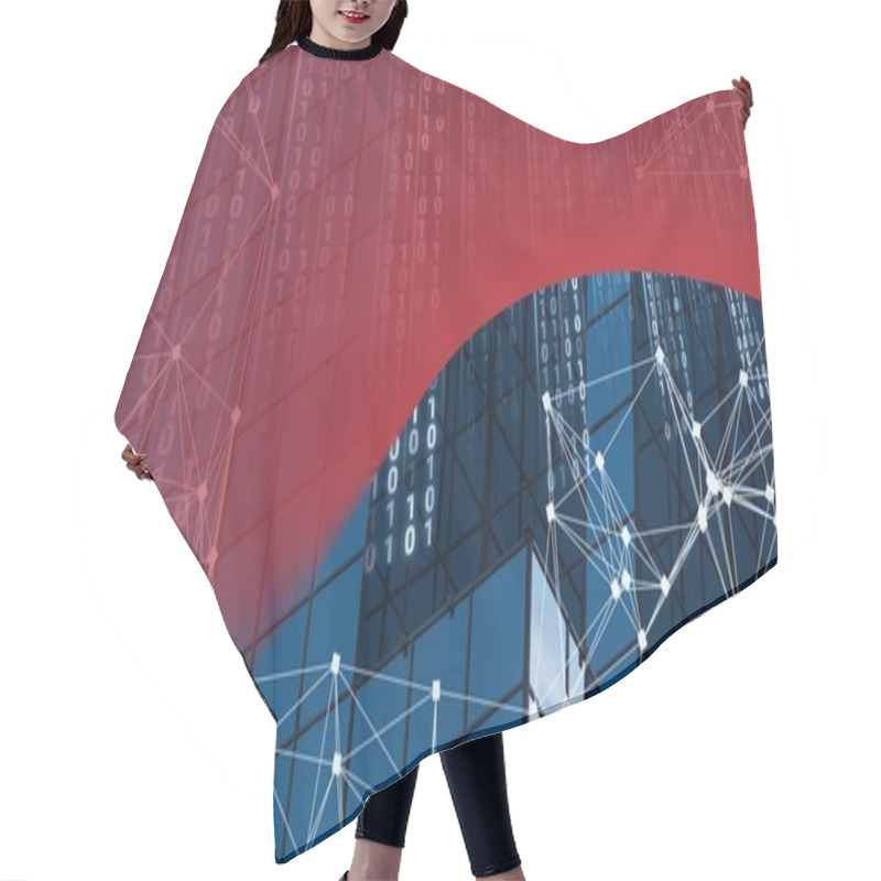 Personality  Composition Of Binary Coding And Networks Of Connections Over Cityscape. Global Data Processing And Digital Interface Concept Digitally Generated Image. Hair Cutting Cape