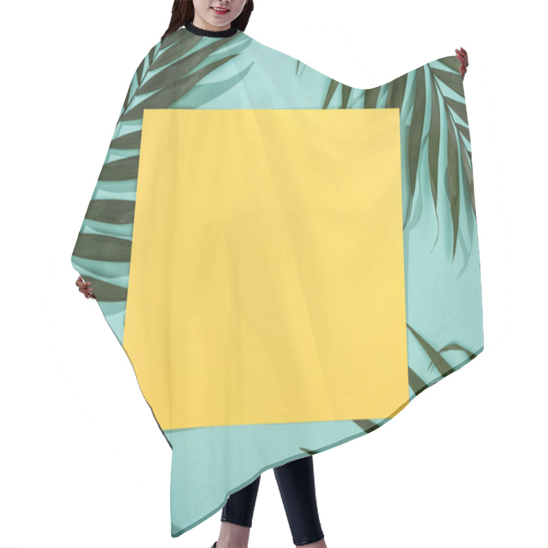 Personality  Top View Of Tropical Leaves And Empty Yellow Card On Turquoise Background Hair Cutting Cape