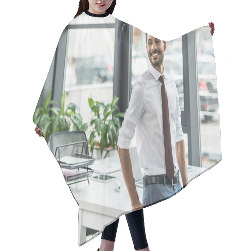 Personality  Young Businessman Smiling And Looking Away While Standing At Workplace Hair Cutting Cape