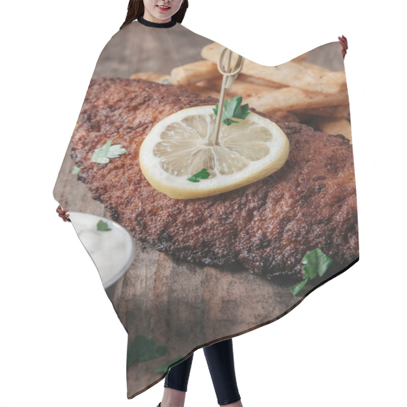 Personality  Fried Catfish Served With French Fries On Rustic Background Hair Cutting Cape