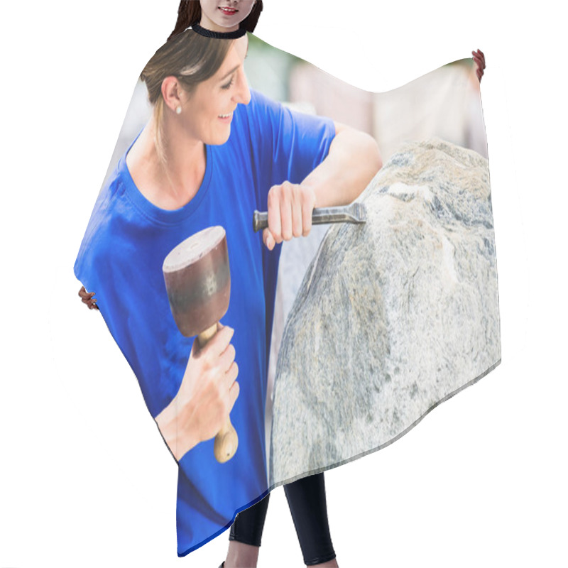 Personality  Stonemason Working On Boulder With Sledgehammer And Iron Hair Cutting Cape