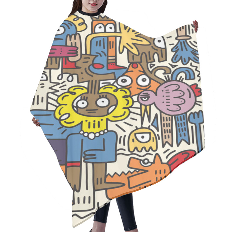 Personality  Happy Of Family Cartoon Character , Doodle Hand Drawing Style Hair Cutting Cape