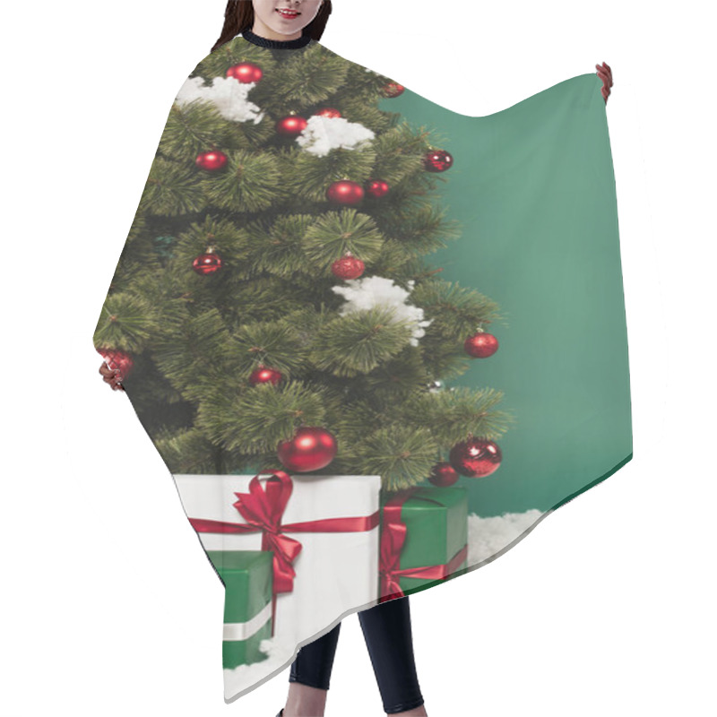 Personality  Presents Near Christmas Tree And Decorative Snow On Green Background  Hair Cutting Cape