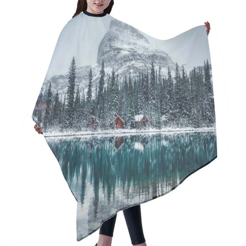 Personality  Wooden Lodge In Pine Forest With Heavy Snow Reflection On Lake O'hara At Yoho National Park, Canada Hair Cutting Cape