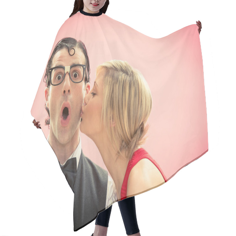 Personality  Nerd Man Boyfriend Kissed By His Girlfriend Love Portrait For Valentine Day Hair Cutting Cape