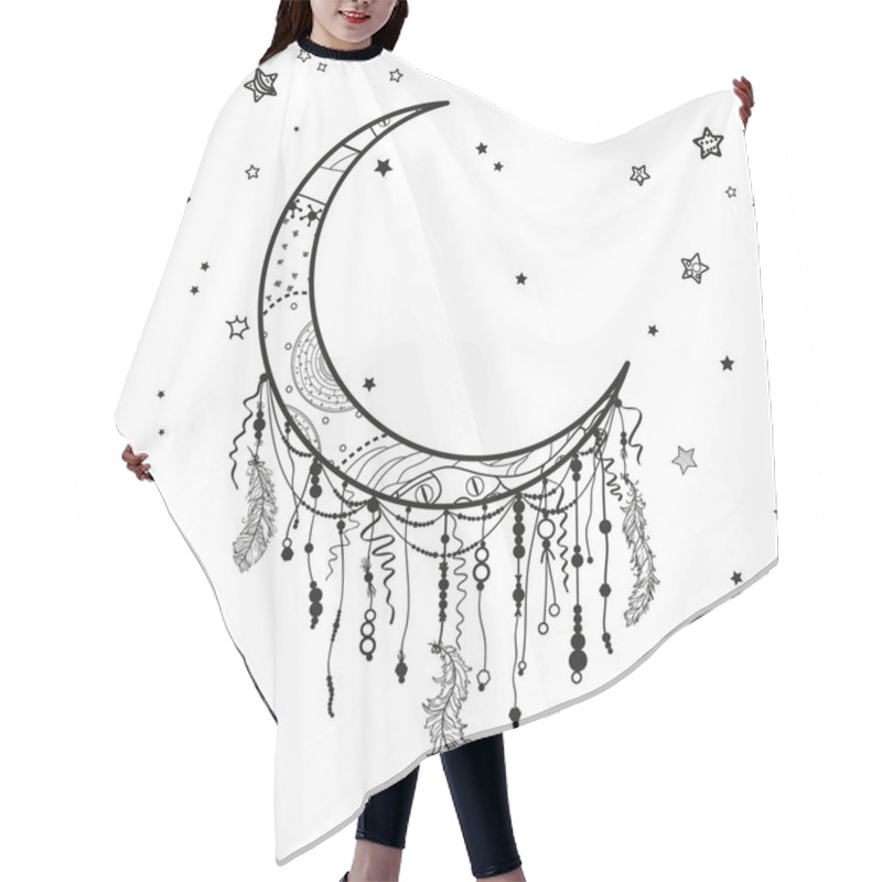 Personality  Dreamcatcher And Many Stars With Abstract Ornate Patterns On Isolation Background. Black And White Illustration Hair Cutting Cape