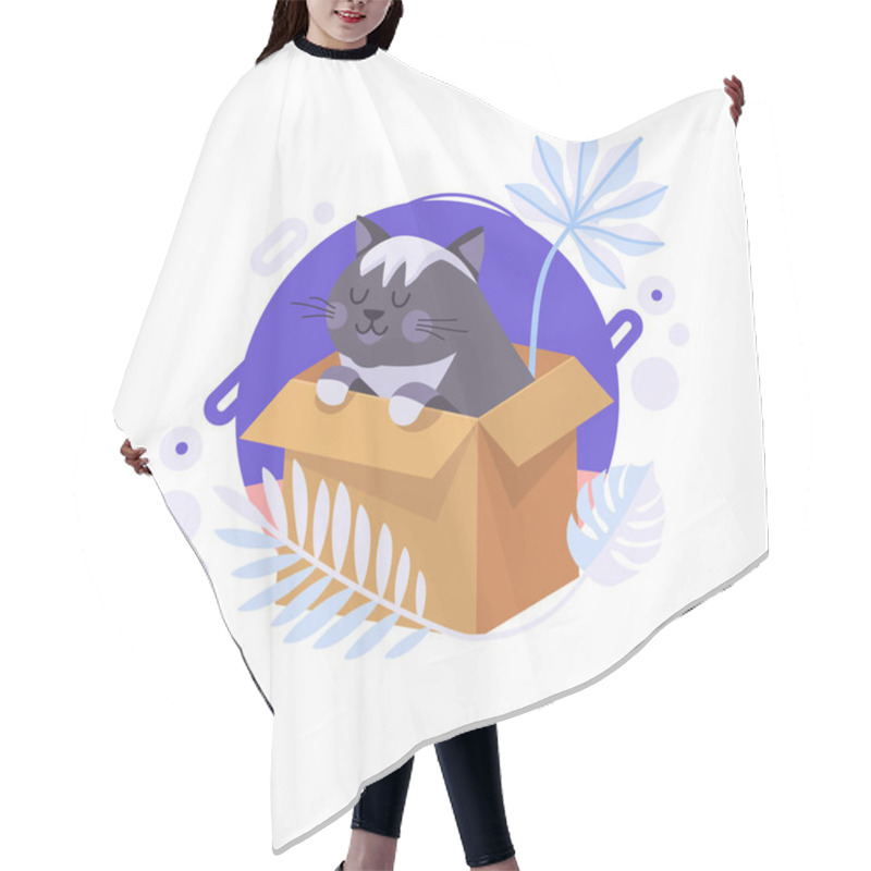 Personality  Cartoon Cat Staying In The Box And Thinking About Life Meaning. British Cat Can Be Delivered To Someone's Home. Completed And Isolated Vector Illustration. Hair Cutting Cape