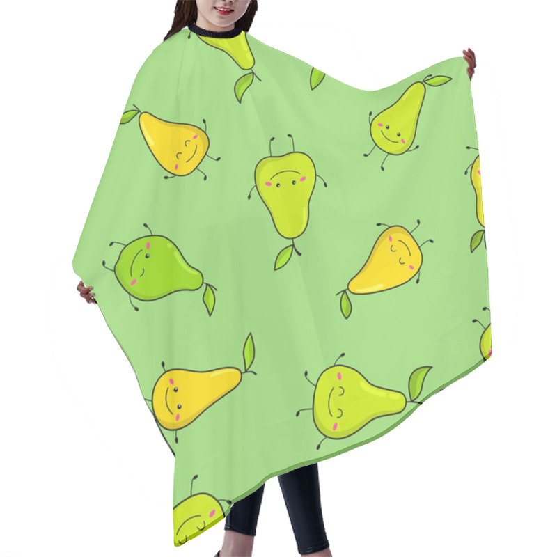 Personality  Seamless Pattern With Funny Pears. In Cartoon Style. Vector Illustration With Cute Fruits. For Children's Fabrics, Wrapping Paper. On A Green Background. Hair Cutting Cape