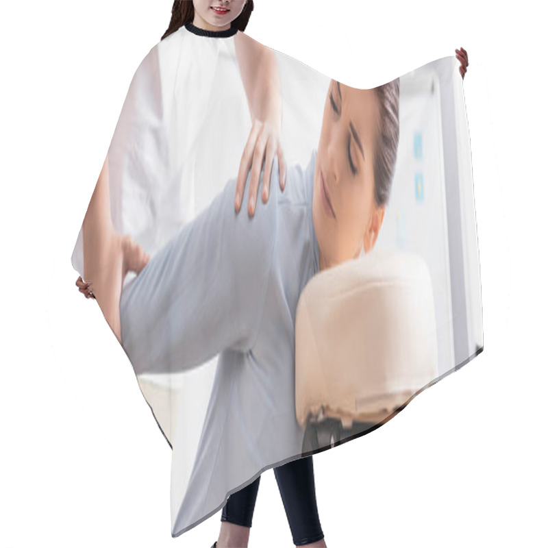 Personality  Masseur Massaging Painful Arm Of Brunette Businesswoman Sitting On Massage Chair With Blurred Office On Background, Banner Hair Cutting Cape