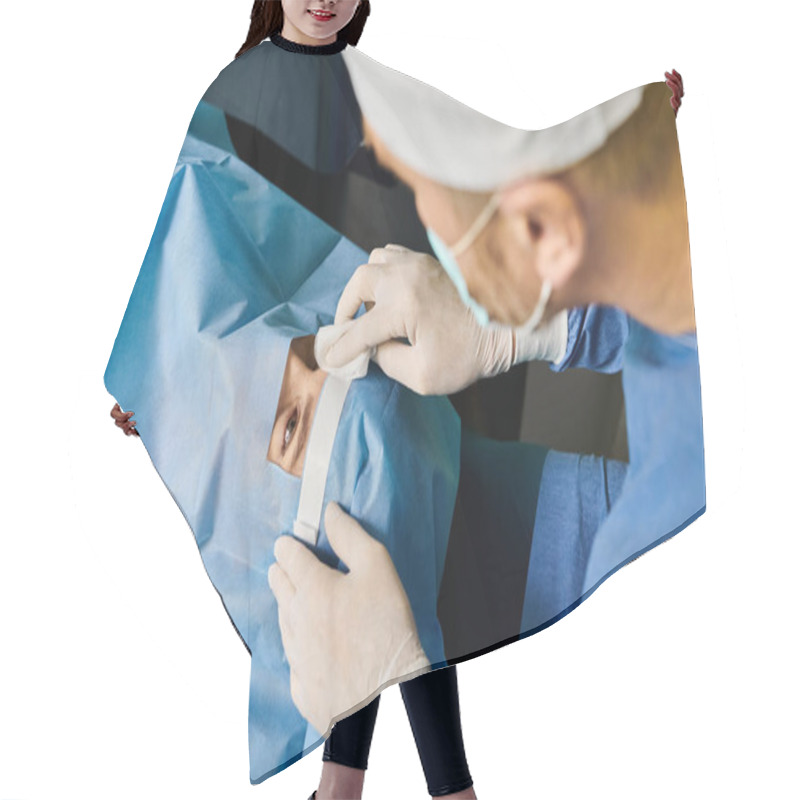 Personality  Surgeon In Hospital Gown Performing Surgery With Precision. Hair Cutting Cape