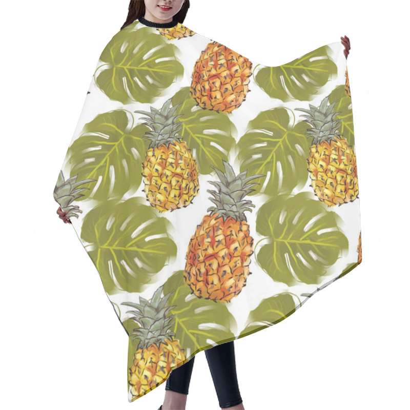 Personality  Juicy Pineapples And Momstera Leaves. Tropical Seamless Pattern On A White Background. Digital Art. Hair Cutting Cape