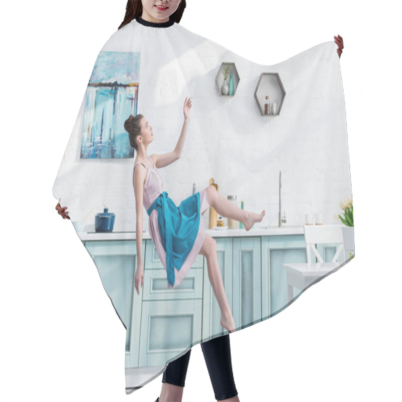 Personality   Young Elegant Woman In Apron And Dress Flying In Air In Kitchen Hair Cutting Cape