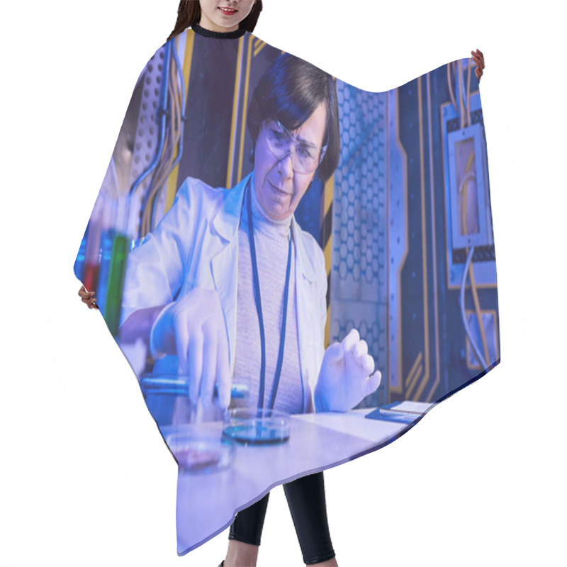 Personality  Middle Aged Woman Scientist In Goggles Working With Petri Dishes And Test Tubes In Futuristic Lab Hair Cutting Cape