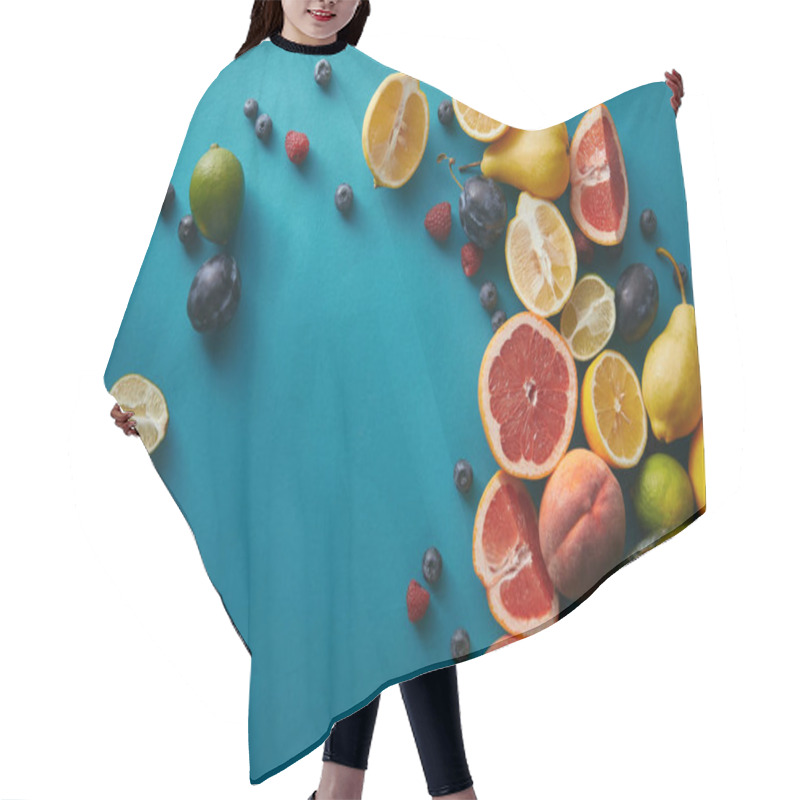 Personality  Elevated View Of Appetizing Ripe Fruits And Berries On Blue Surface Hair Cutting Cape