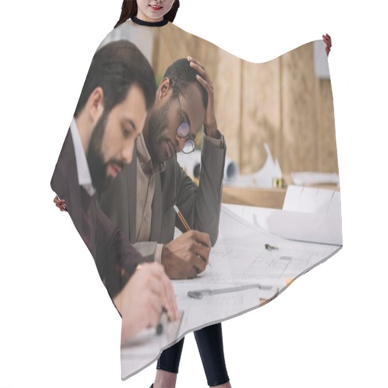 Personality  Concentrated Young Architects Drawing Architectural Plans Together Hair Cutting Cape