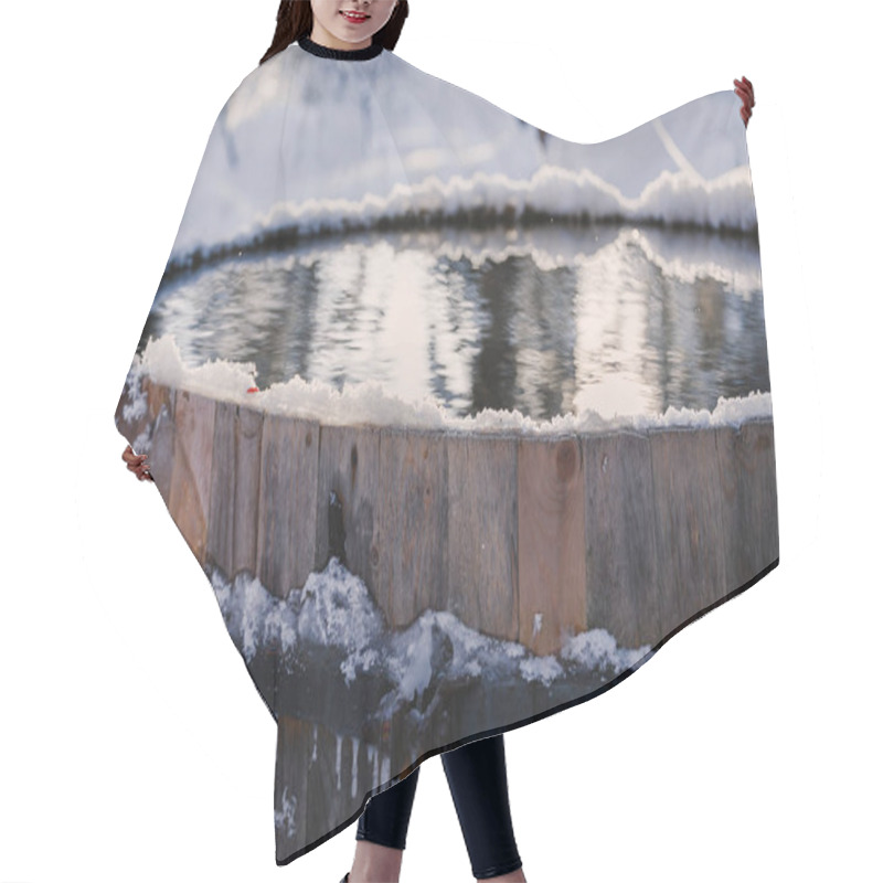 Personality  Big Barrel With Clean Cold Water Outdoors In Forest Covered With Snow. Winter Swimming Concept Hair Cutting Cape