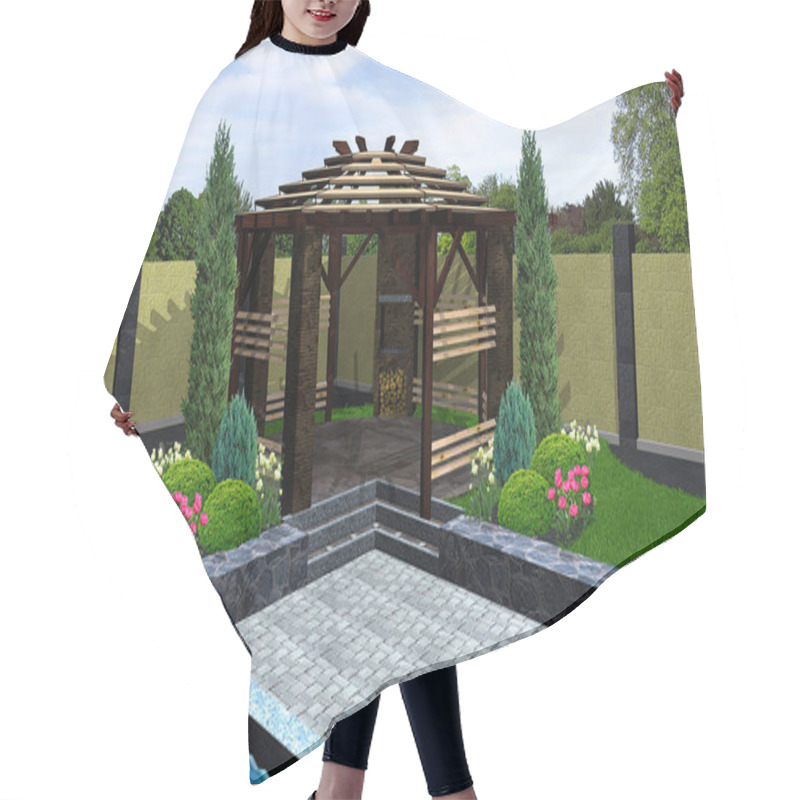 Personality  Landscaping Gazebo With Barbecue, 3D Render Hair Cutting Cape