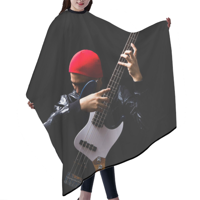 Personality  Asian Professional Musician In Leather Jacket, Red Hat Playing Electric Bass Guitar Hair Cutting Cape