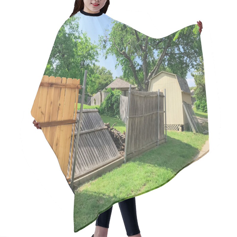 Personality  New Wooden Fence Near Collapsed Slats In Backyard Of Residential House With Shed In Suburban Dallas Hair Cutting Cape