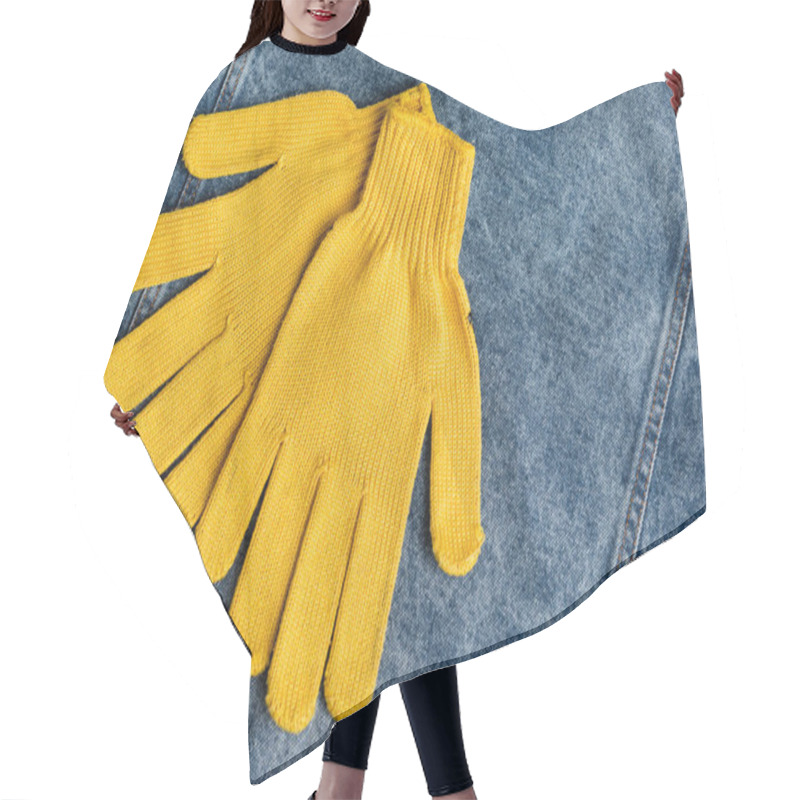 Personality  Top View Of Yellow Work Gloves On Blue Denim Fabric, Labor Day Concept Hair Cutting Cape