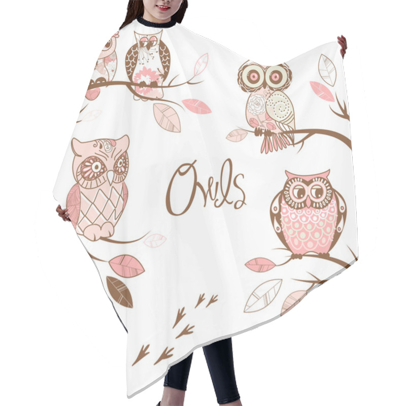 Personality  Owls, Trendy Card With Owls Sitting On The Brunches Hair Cutting Cape