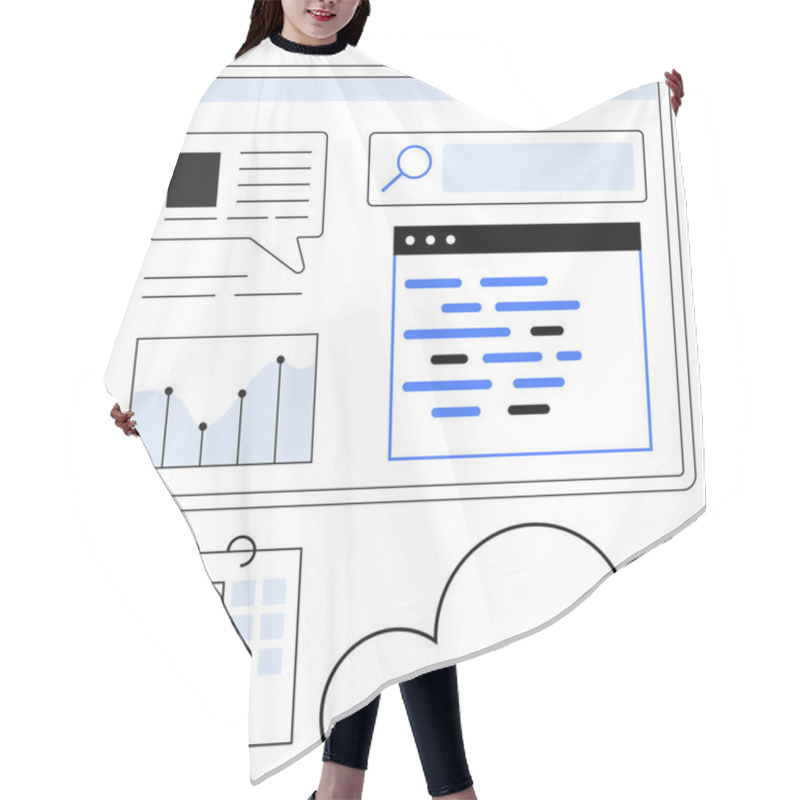 Personality  Dashboard Screen With A Graph, Chat Bubble, Search Bar, Coding Window, Calendar, And Cloud Symbol. Ideal For Project Management, Software Development, Data Analysis Productivity Tools Team Hair Cutting Cape