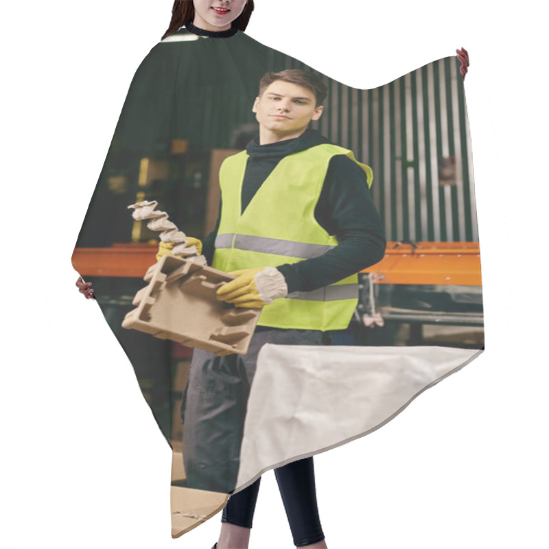 Personality  A Young Volunteer In Gloves And Safety Vest Holding A Box In A Warehouse While Sorting Waste. Hair Cutting Cape