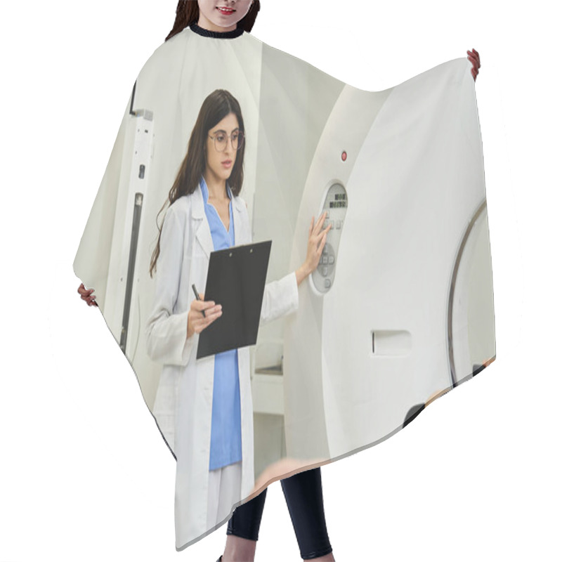 Personality  A Doctor In A Lab Coat Guides A Patient Through An MRI Scan Process In A Hospital Room. Hair Cutting Cape