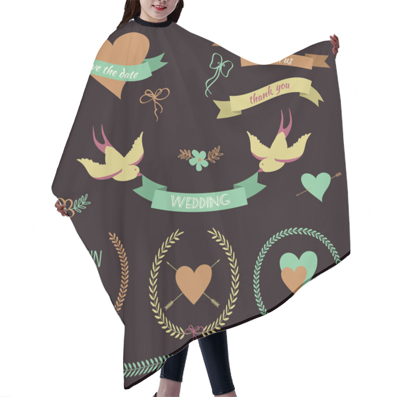 Personality  Vector Wedding Set With Birds, Hearts, Arrows, Ribbons, Wreaths, Hair Cutting Cape