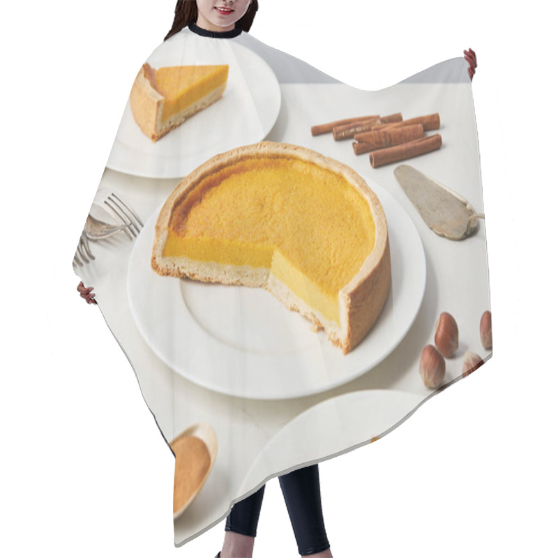 Personality  White Plates With Tasty Pumpkin Pie Near Cutlery And Spices Isolated On Grey Hair Cutting Cape